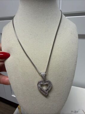 Sterling Silver Heart Pendant Necklace with Pavé Cubic Zirconia - Silver